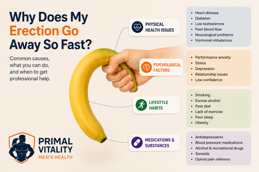 Infographic explaining why my erection goes away so fast and the common physical and psychological causes